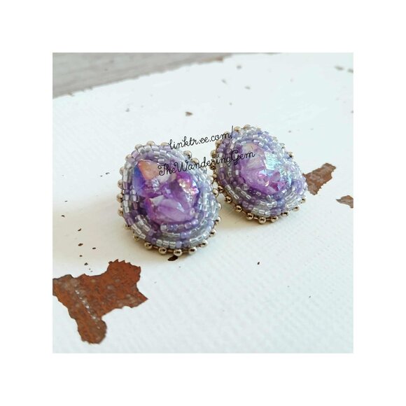Aura Amethyst Gemstone Beaded Stud Earrings, Purple Boho Statement - Picture 4 of 5